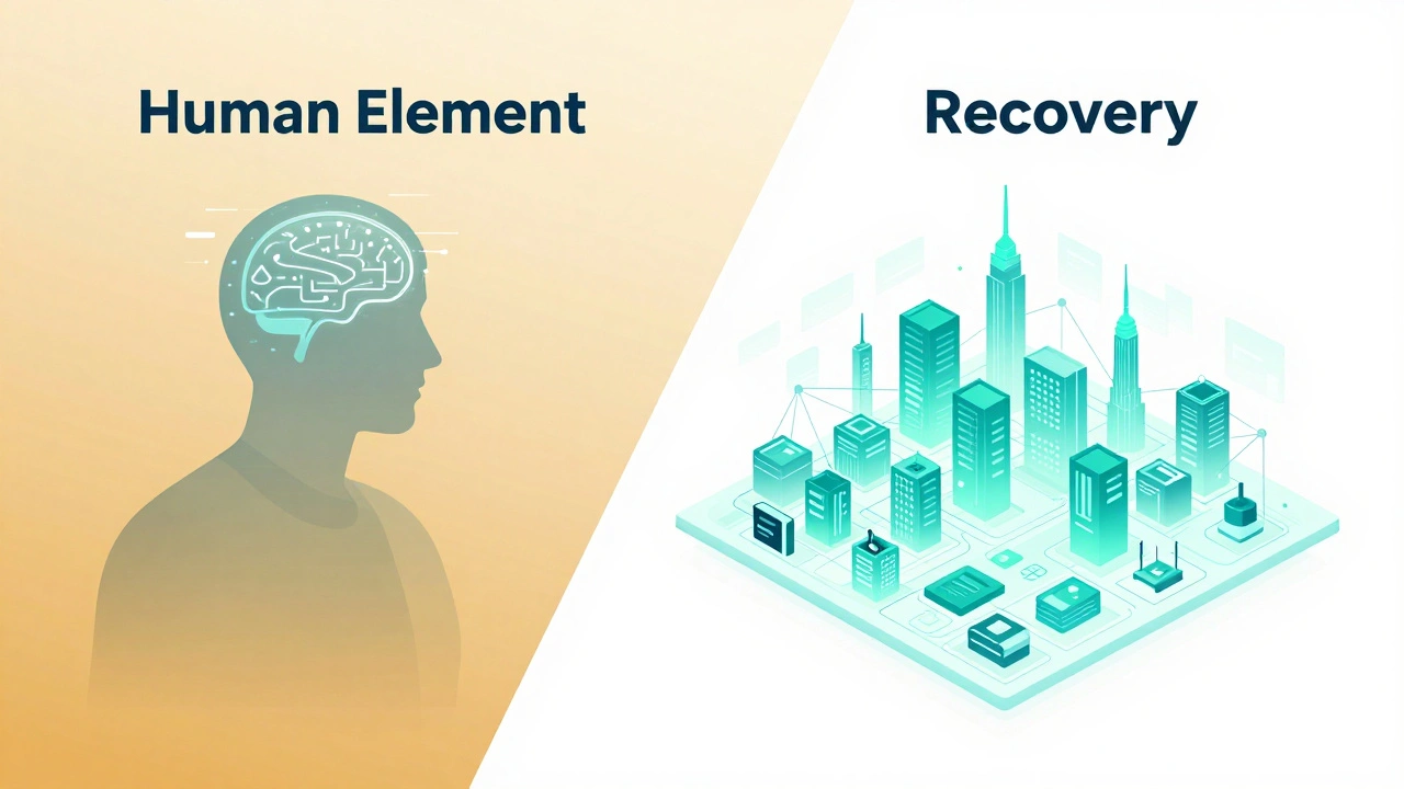 Split screen showing a digital human glitch and the successful restoration of a data network.