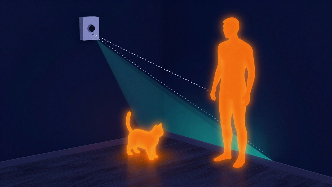 Technical diagram showing sensor detection zones and heat signatures of a cat and human