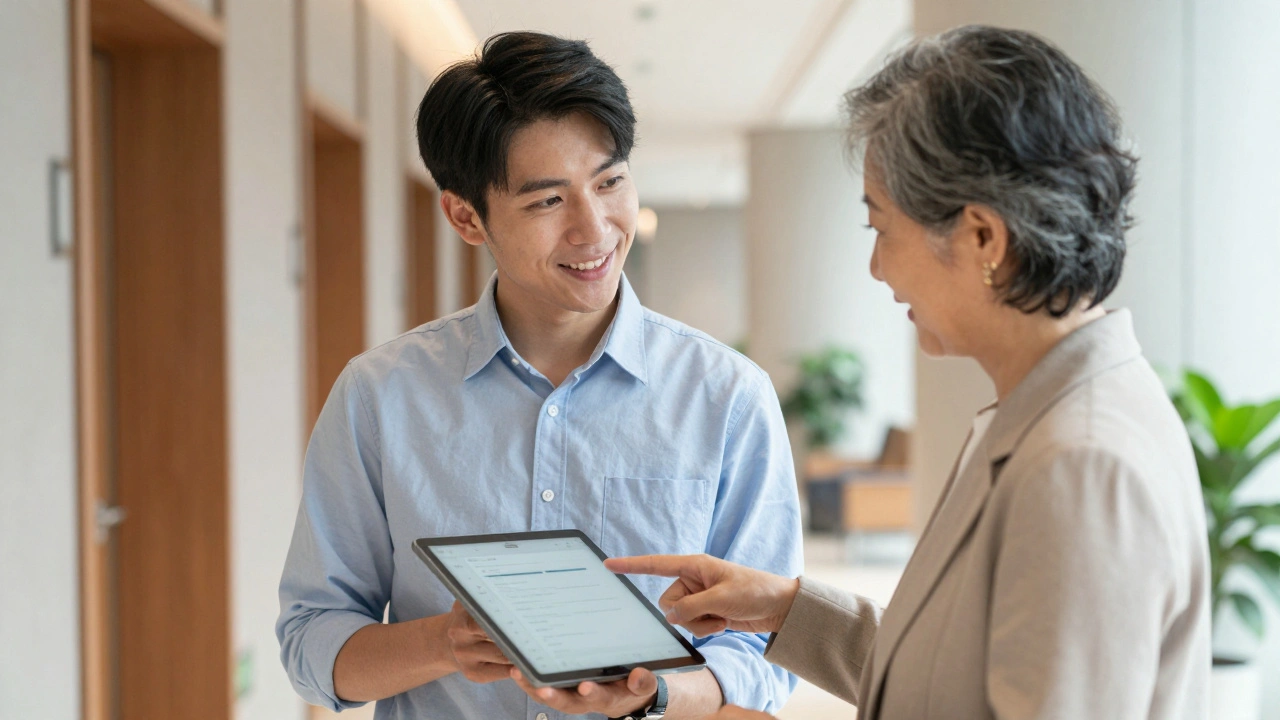 Young employee mentoring an older colleague on using a tablet in a hotel.