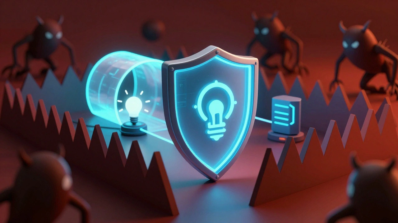 3D concept of firewall shield and encrypted VPN tunnel protecting IoT devices