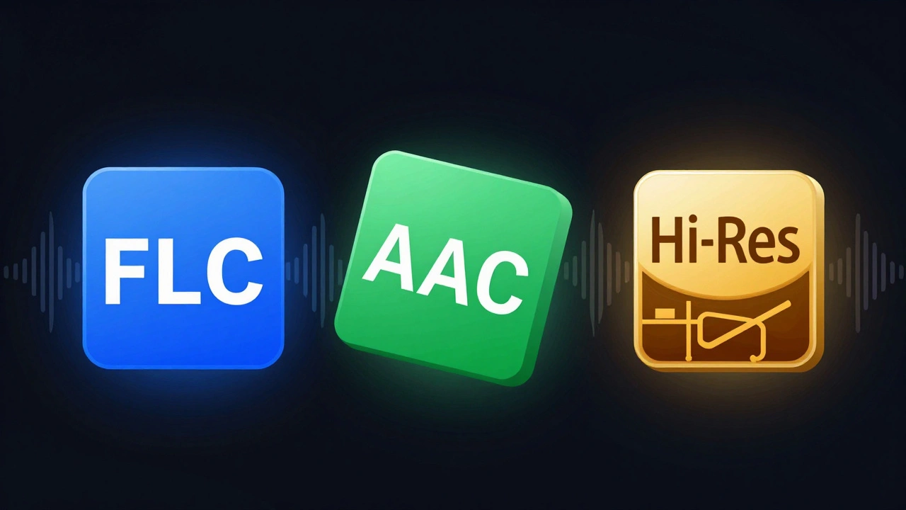 Abstract blocks representing FLAC, AAC, and Hi-Res audio formats
