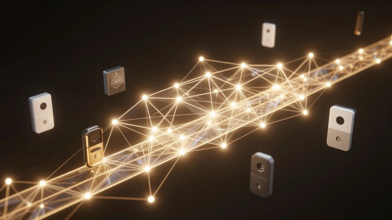 Abstract glowing network connecting various smart home devices