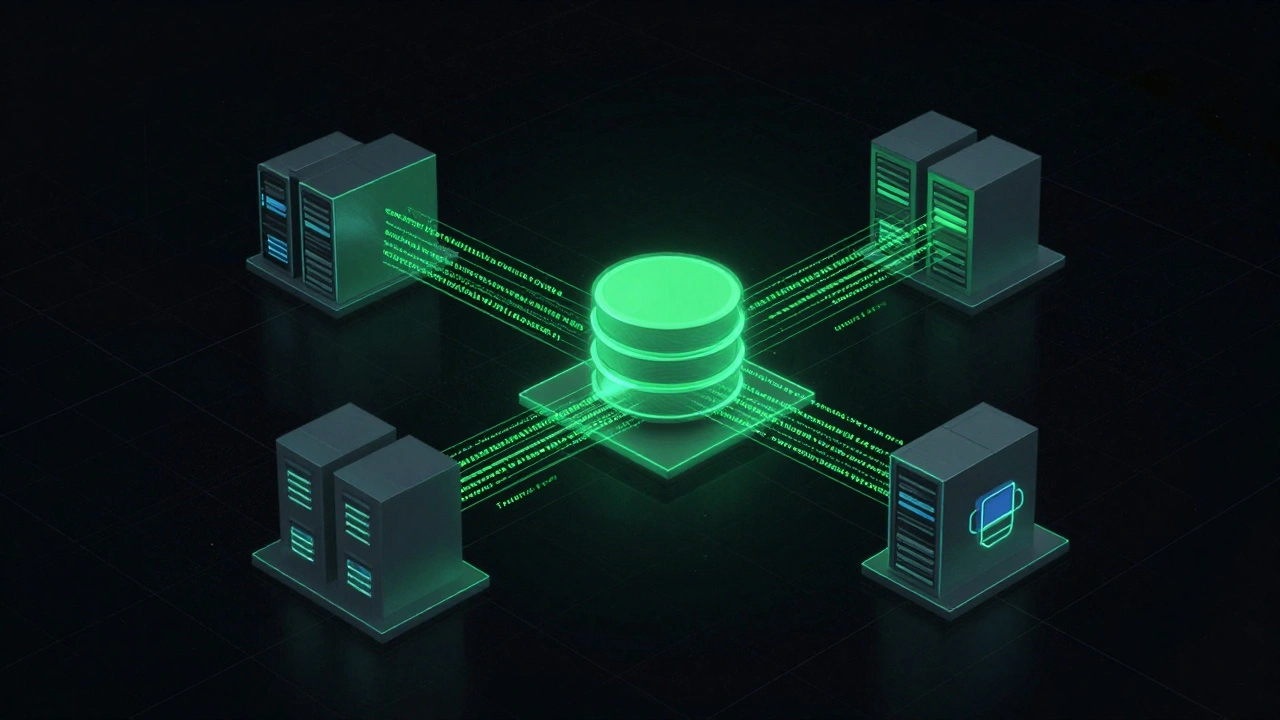 Abstract visualization of cloud infrastructure built from glowing code streams