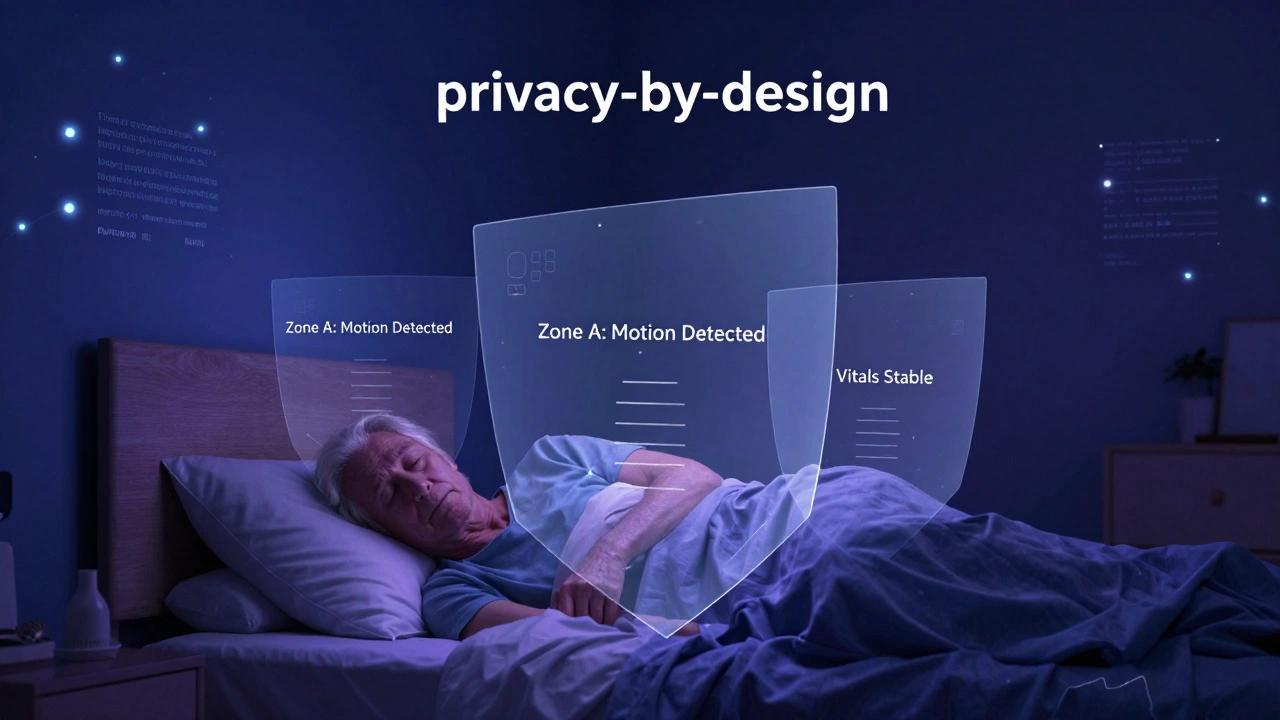 Abstract visualization of secure, anonymous AI monitoring in a bedroom