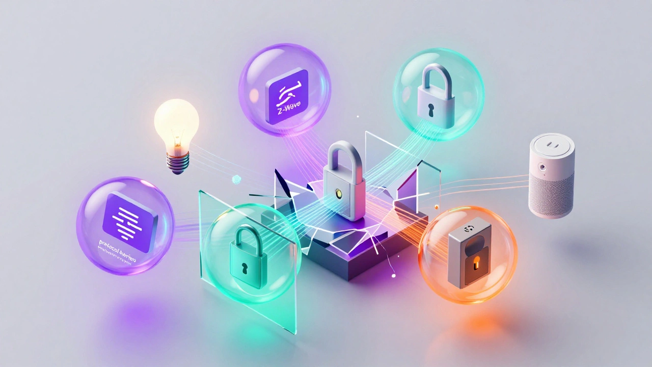 Abstract visualization of smart home devices separated by glowing protocol barriers
