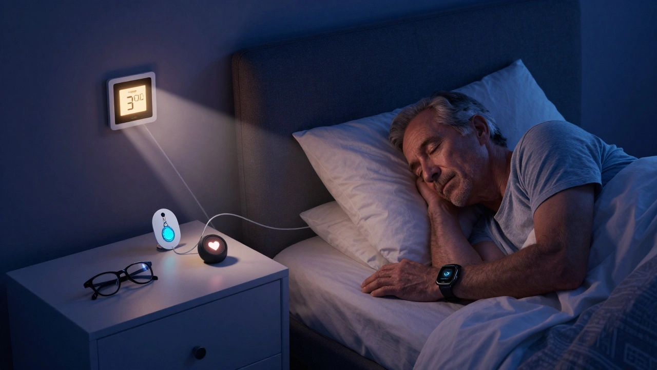 Bedroom scene showing smartwatch and safety pendant near sleeping senior.