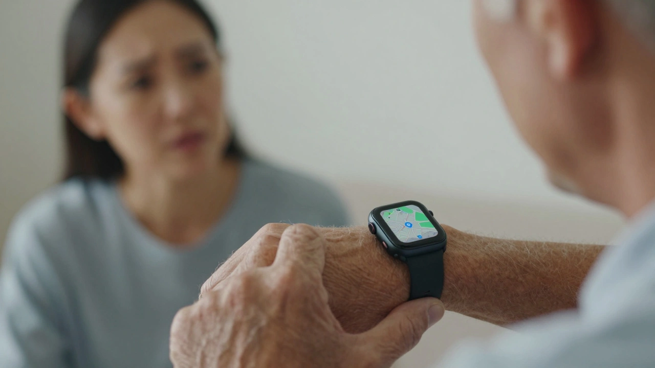 Close up of elderly hand holding smartwatch with GPS tracker