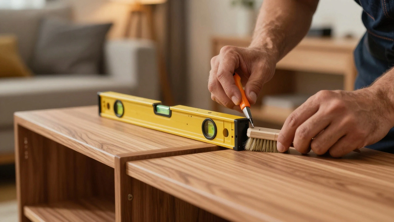 Close-up of hands assembling custom furniture with precision tools.
