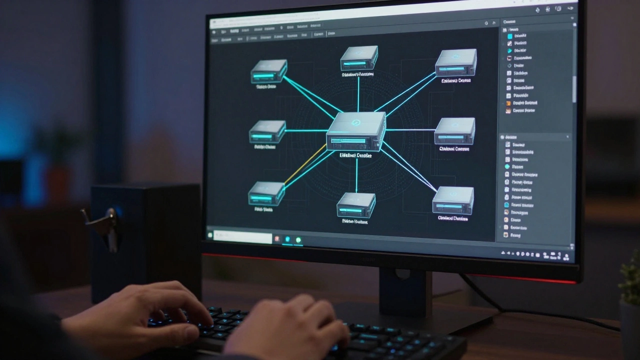 Close up of hands typing while viewing complex virtual network topology on monitor