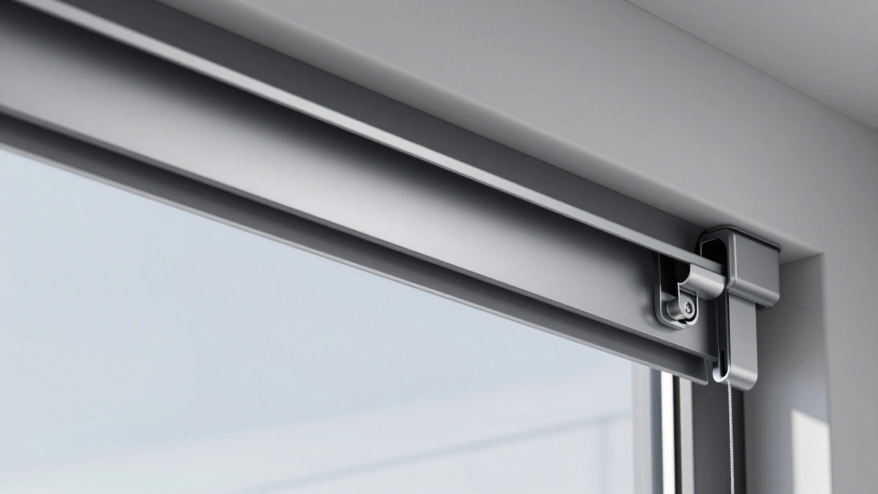 Close-up of sleek motorized blind headrail mechanism without pull cords