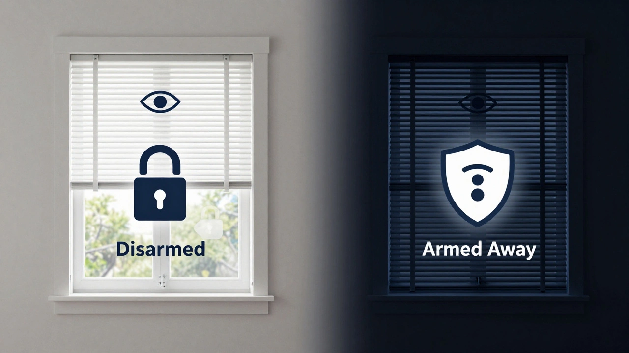 Conceptual split view showing open blinds when disarmed versus closed blinds when armed away.