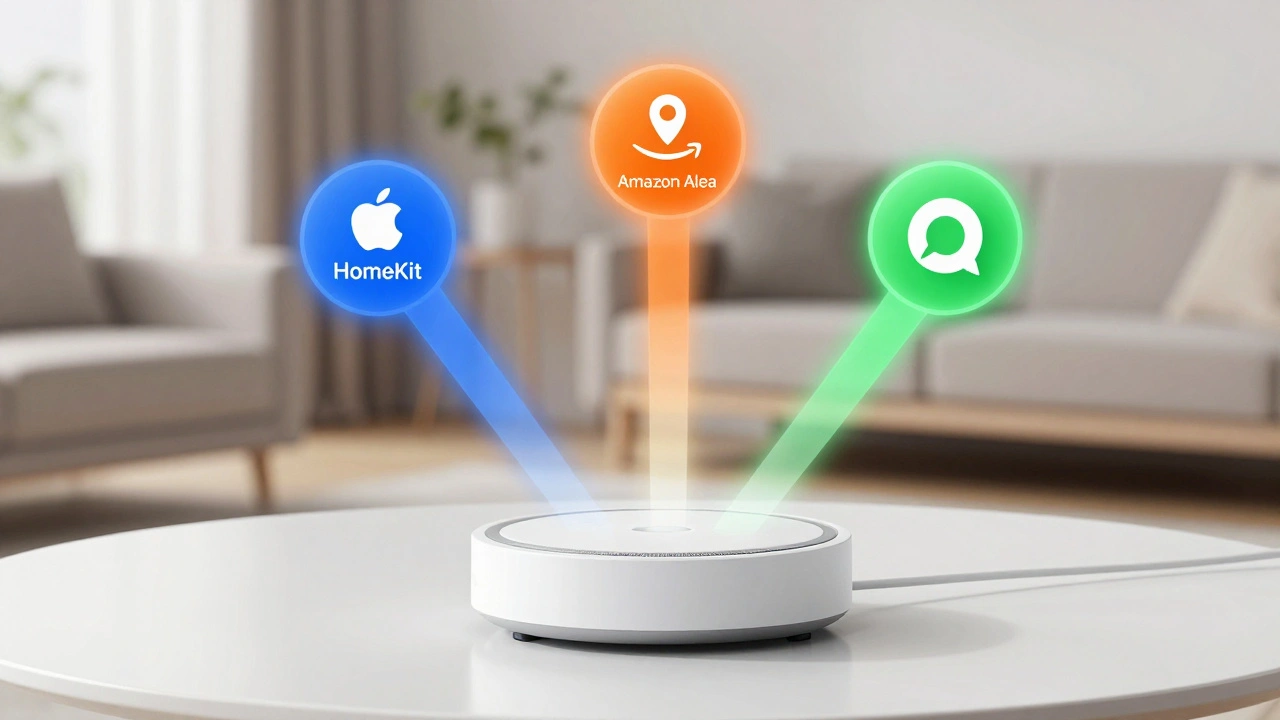 Conceptual visualization of smart home hubs connecting to various voice assistant ecosystems