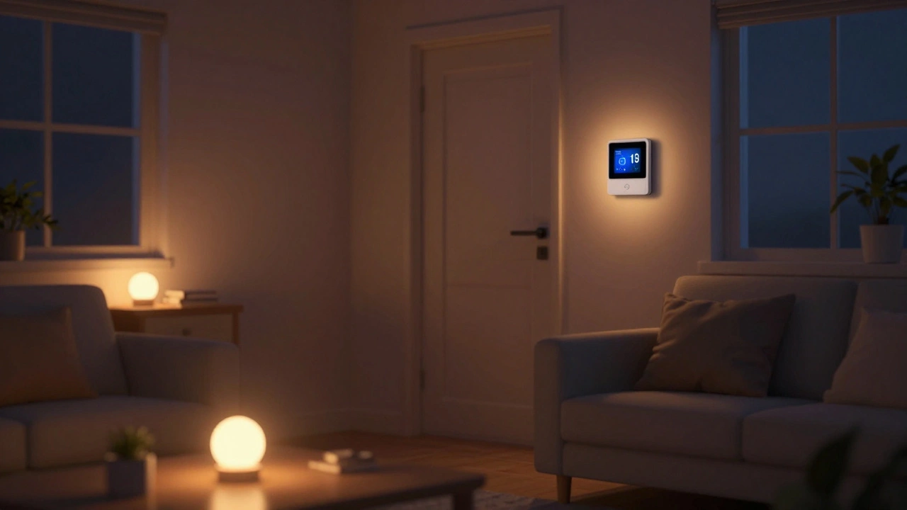 Cozy living room with dimmed smart lights activated by a goodnight routine