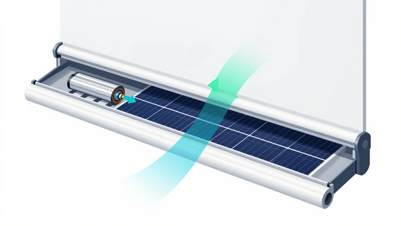 Cross-section diagram showing solar cell and battery inside a motorized blind headrail.