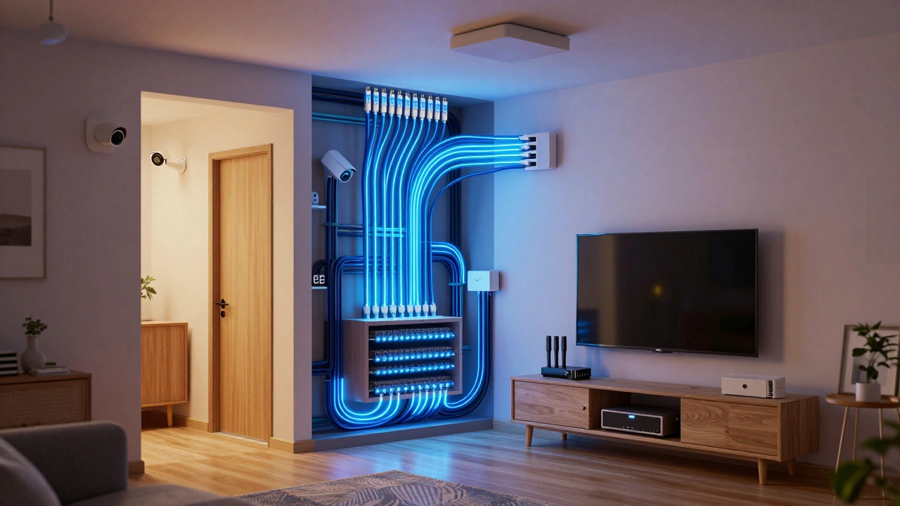Cutaway view of smart home network cabling in walls