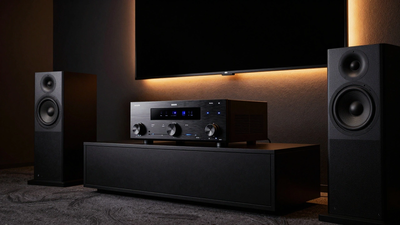 Denon AV receiver and floor-standing speakers in a dark home theater room