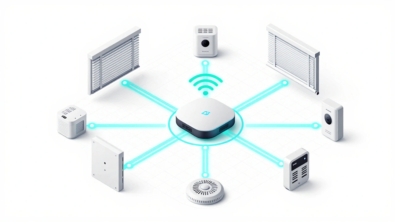 Diagram of a smart home hub connecting motorized blinds and security sensors via Z-Wave mesh.