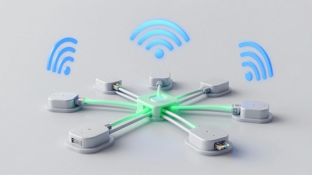 Diagram showing wired Ethernet cables connecting mesh nodes in a home.