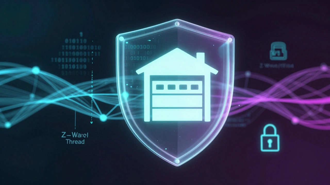 Digital shield protecting garage icon with glowing network nodes and encryption symbols