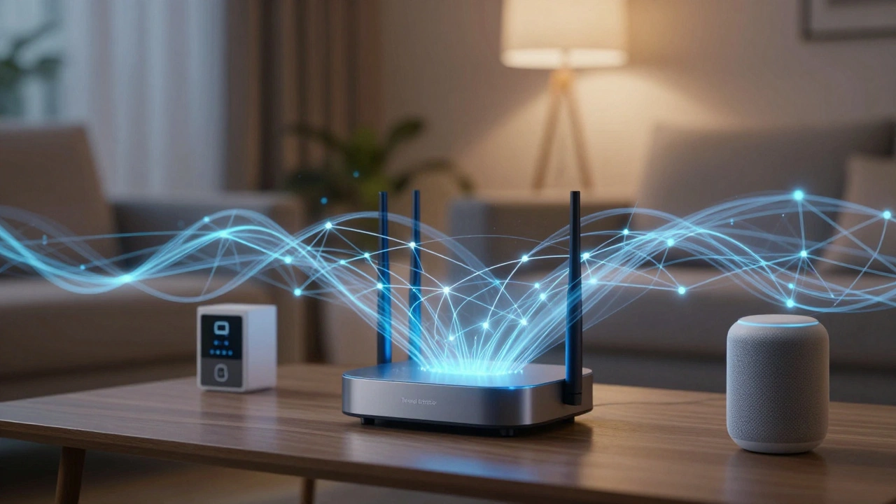Futuristic living room with Thread router visualizing seamless network connections
