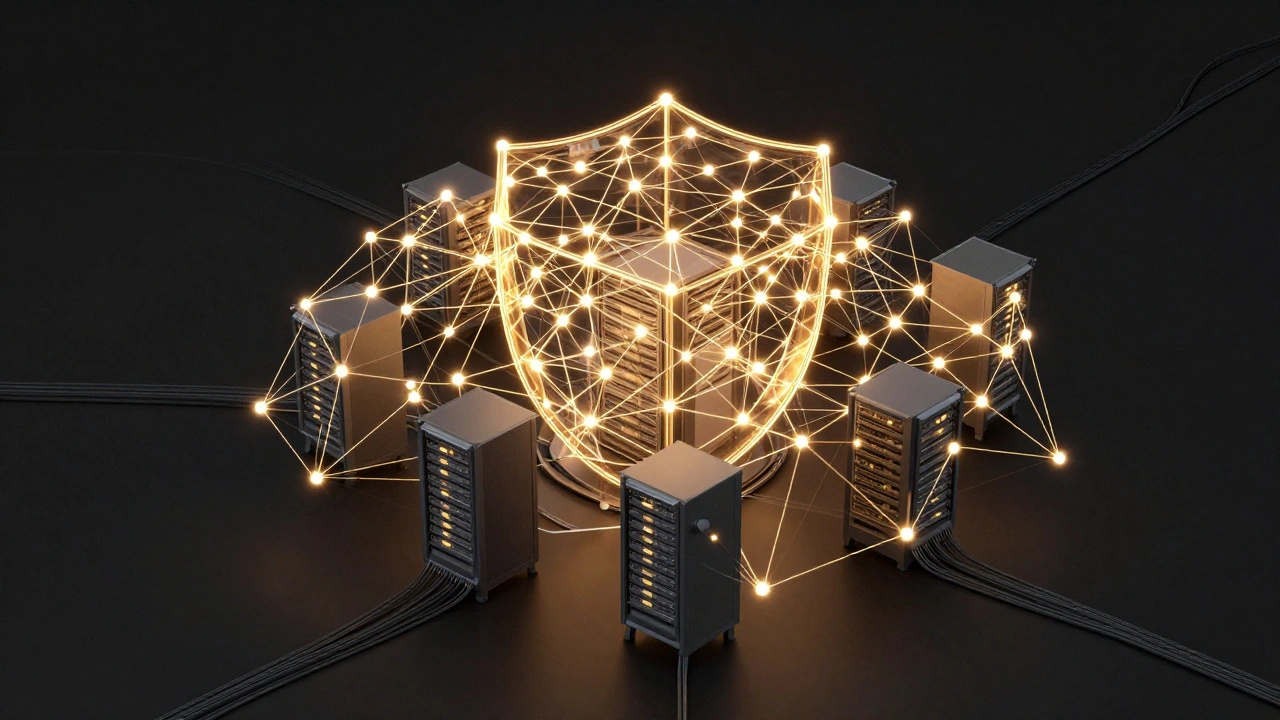 Glowing abstract network structure showing resilience and security layers