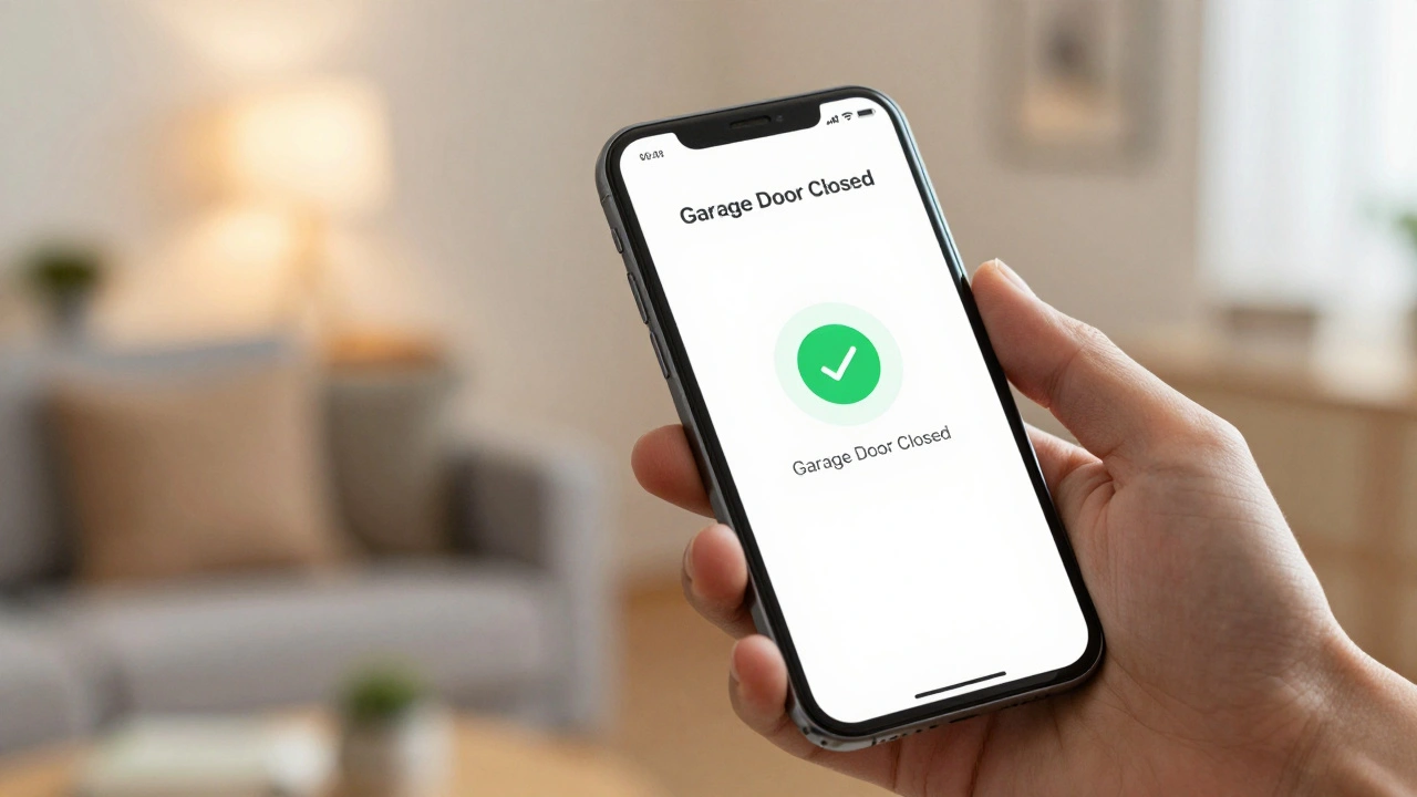 Hand holding phone showing garage door closed status on minimalist app interface