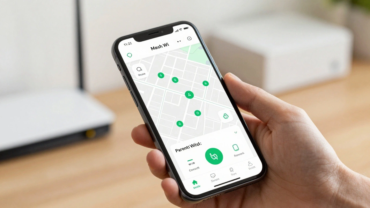 Hand holding phone with mesh Wi-Fi app showing network map and controls.