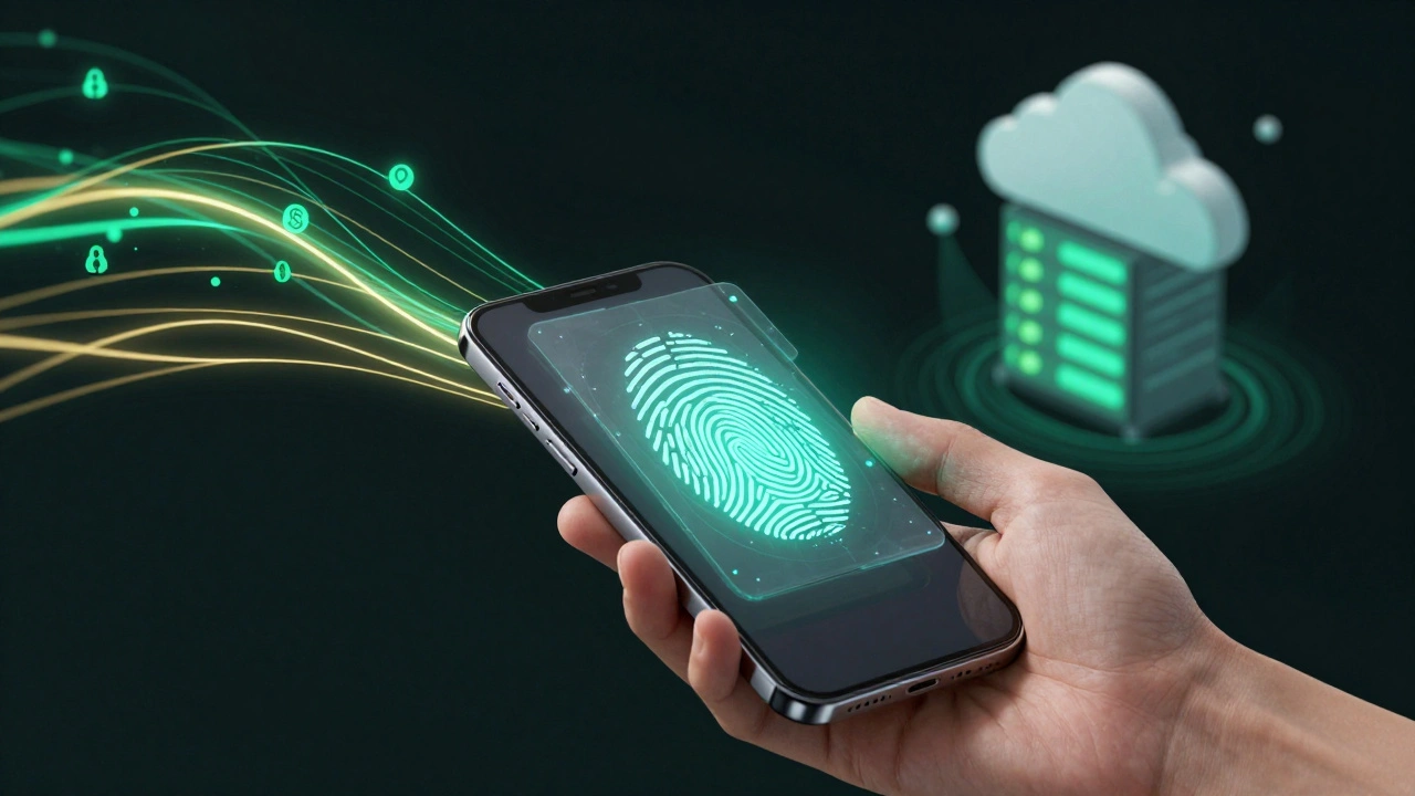 Holographic fingerprint scan on smartphone with encrypted data streams