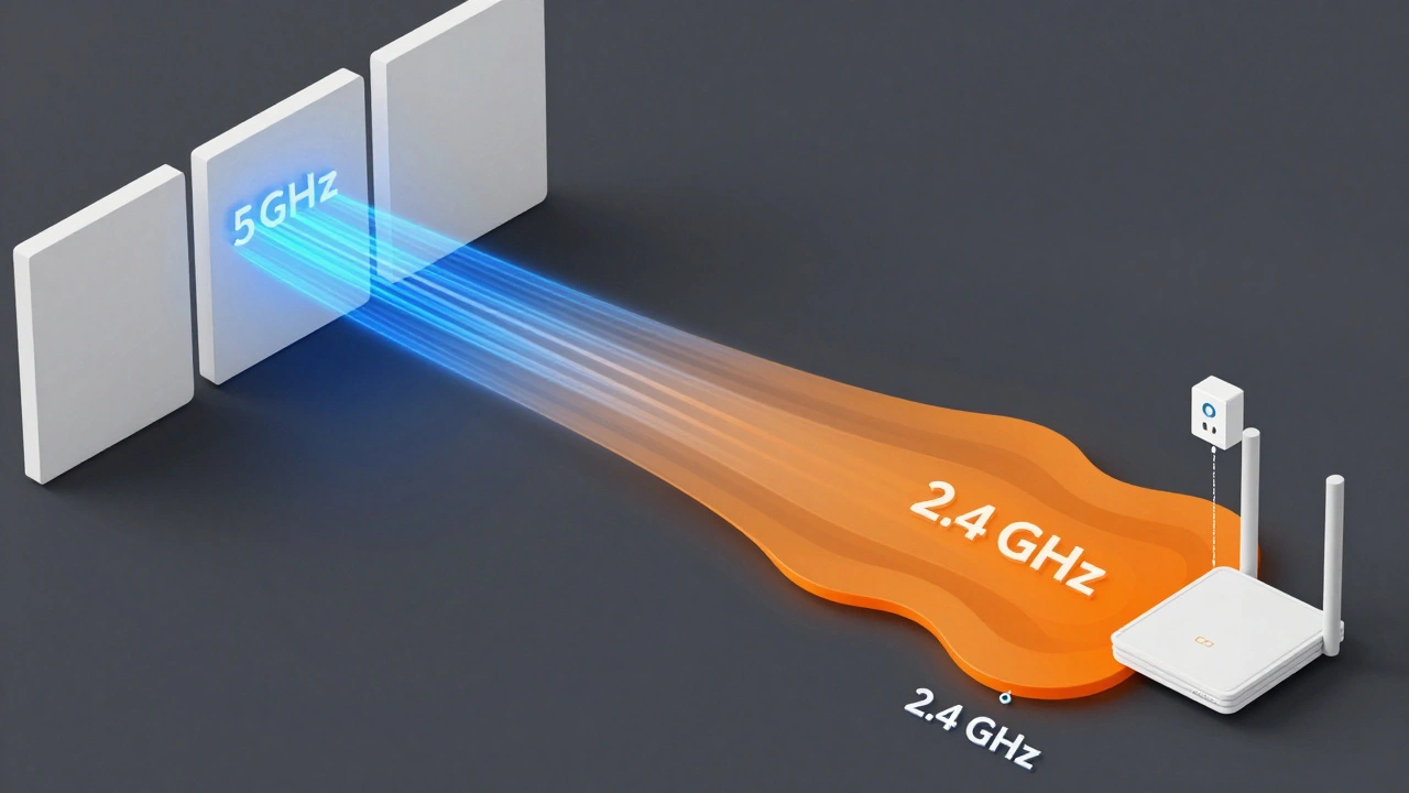 Illustration comparing 2.4 GHz and 5 GHz Wi-Fi signal range through walls