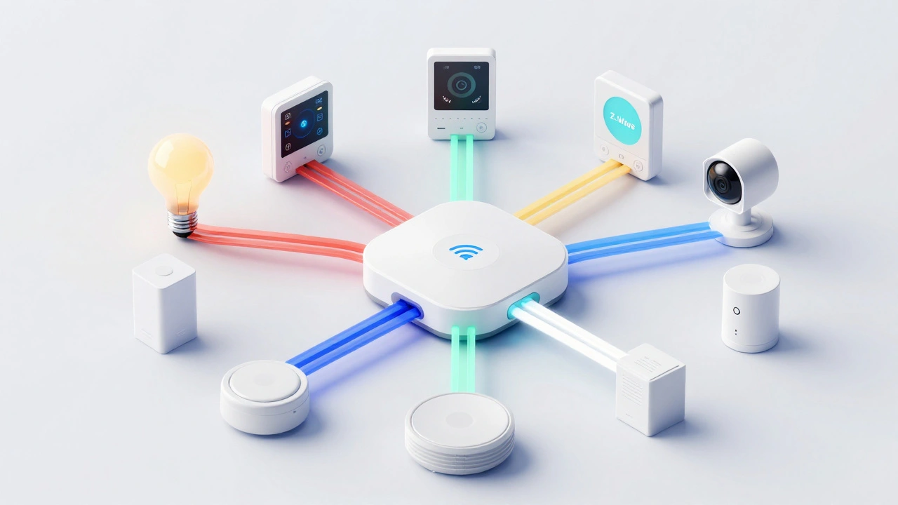 Isometric 3D graphic showing a hub translating different smart home signals