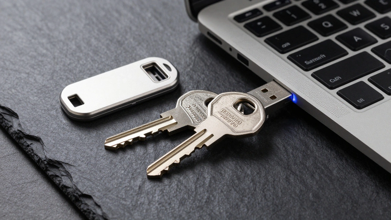 Metallic USB security keys on a desk next to a laptop