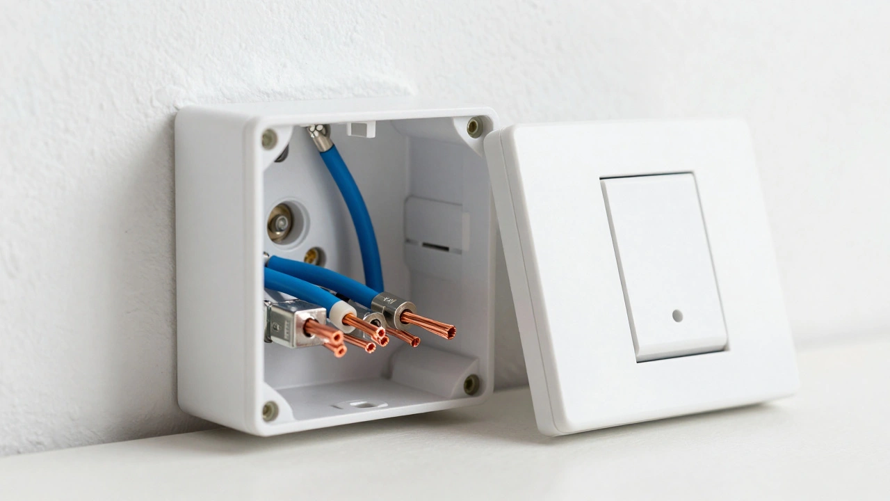Open light switch box showing neutral wire connections for smart home compatibility