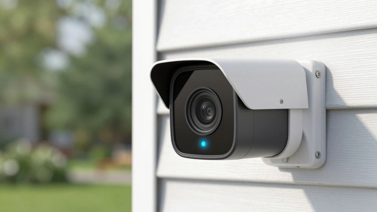 Outdoor security camera with physical privacy shutter and encryption light