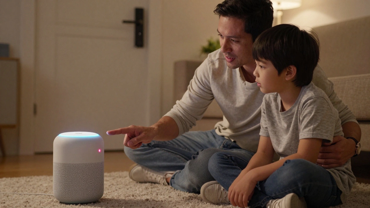 Parent teaching child about privacy using a muted smart speaker