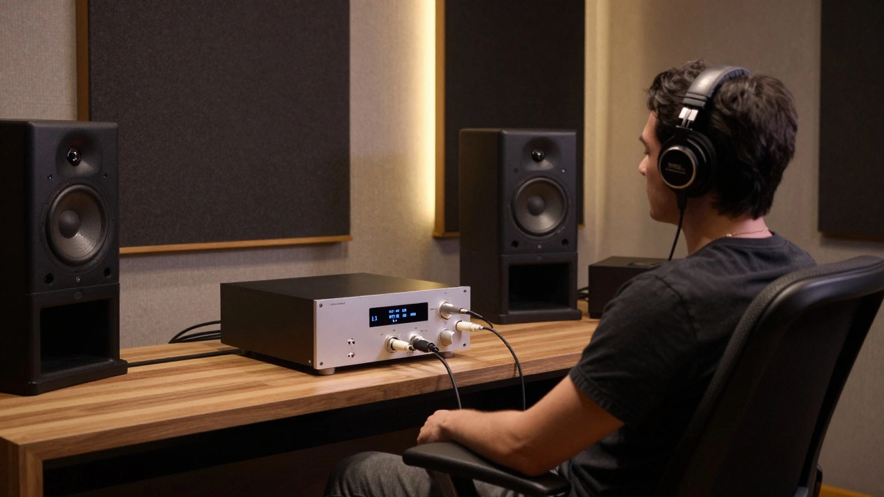 Person listening to music with wired headphones and DAC in studio