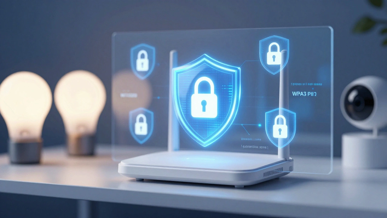 Router with digital shield graphics symbolizing secure guest network isolation