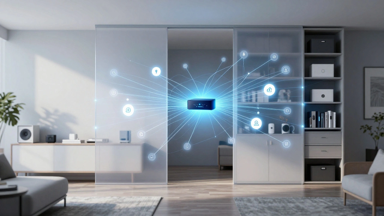 Semi-transparent view of a smart home network connecting devices to a central hub