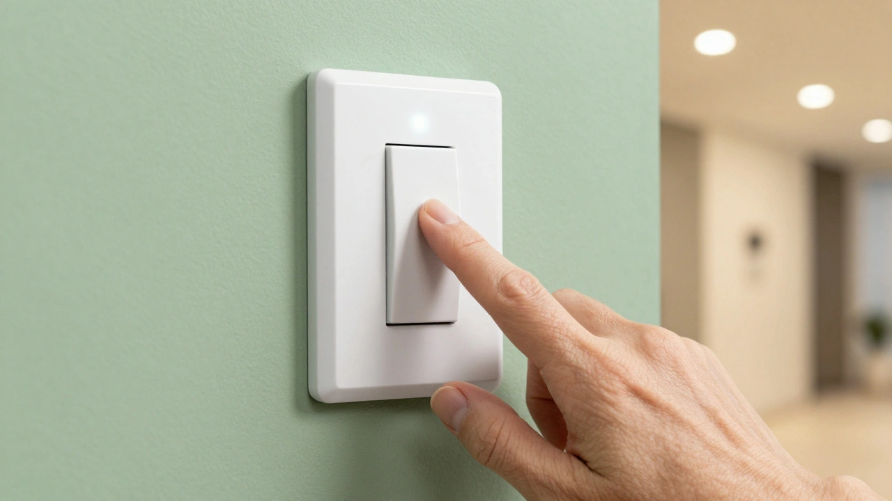 Senior hand pressing a large tactile smart light switch on a wall.