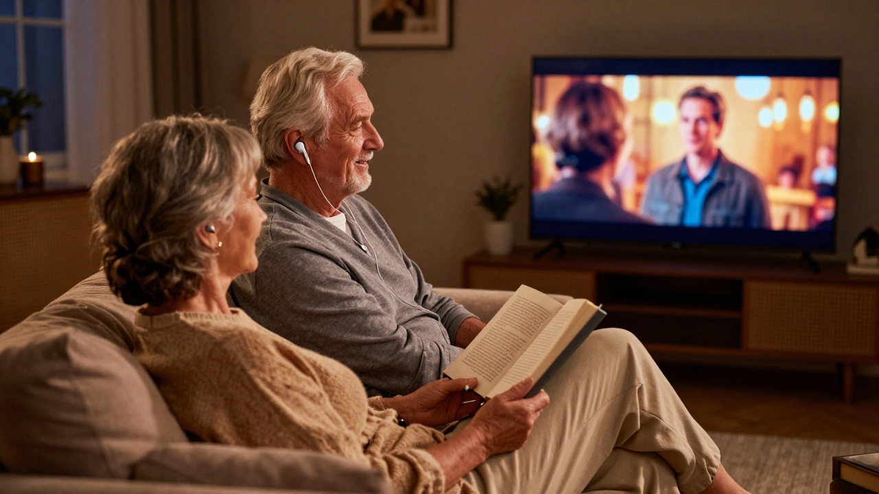 Senior man wearing wireless earbuds watching TV while his partner reads nearby.