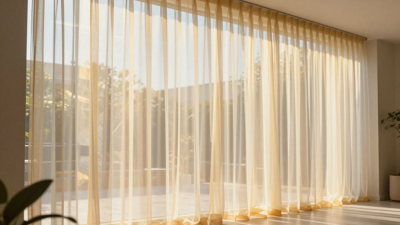 Sheer futuristic curtains generating power via invisible organic photovoltaic technology.