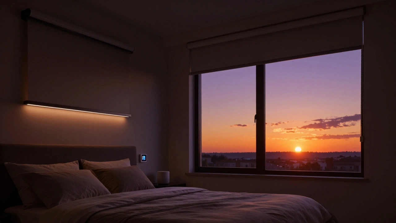 Smart blackout blinds lowering automatically at sunset to enhance privacy and energy efficiency