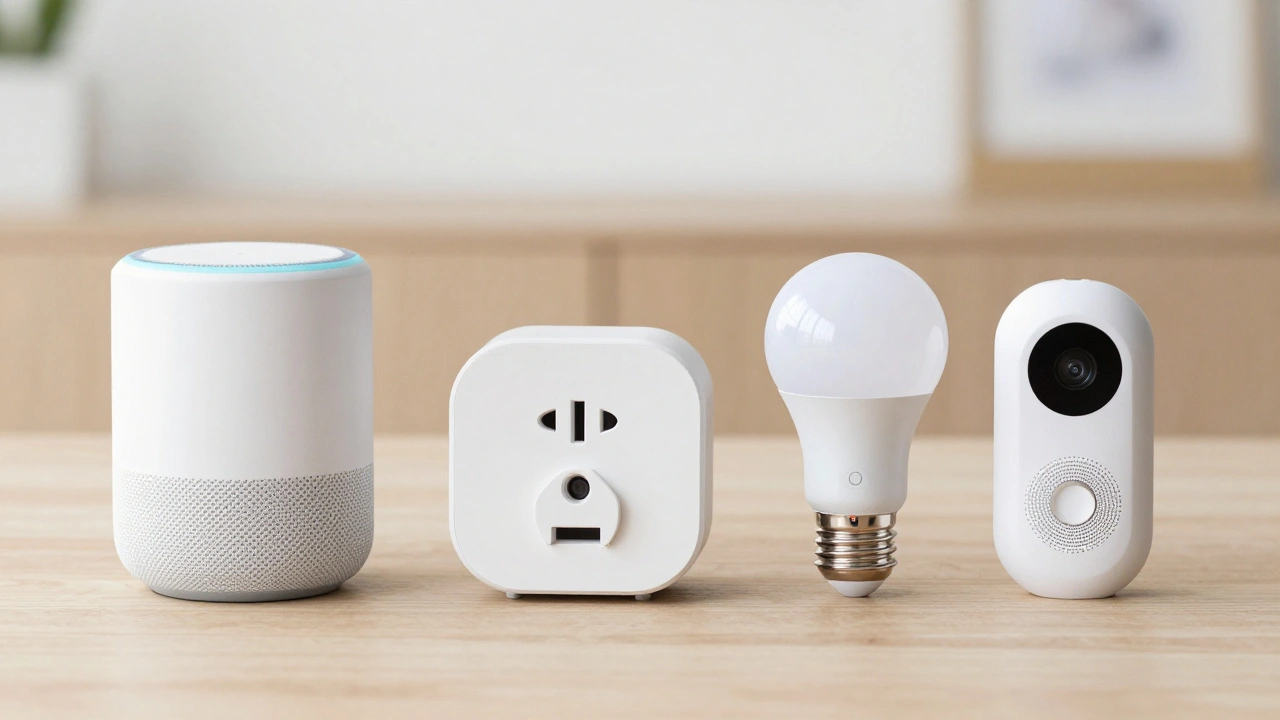 Smart home devices including speaker, plug, and bulb arranged on a table