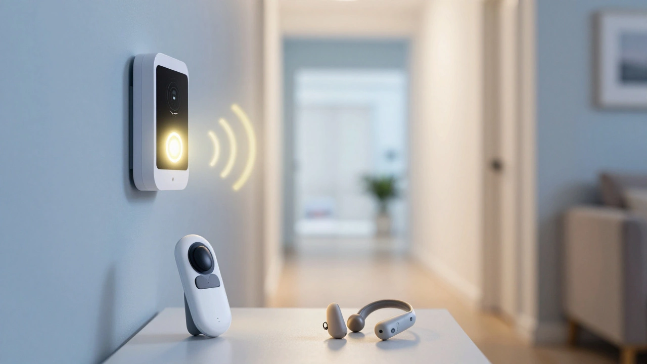 Smart home hallway with flashing lights indicating a doorbell alert for accessibility.