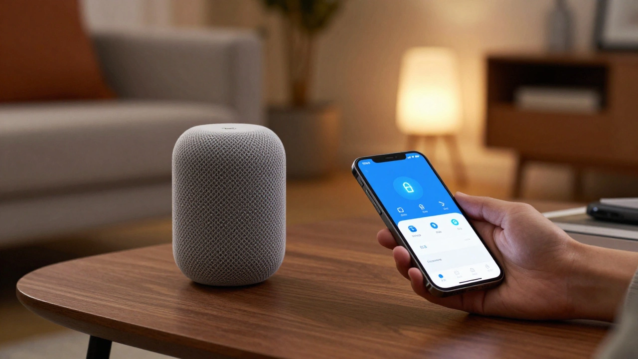 Smart home hubs and phone controlling lights in a modern room