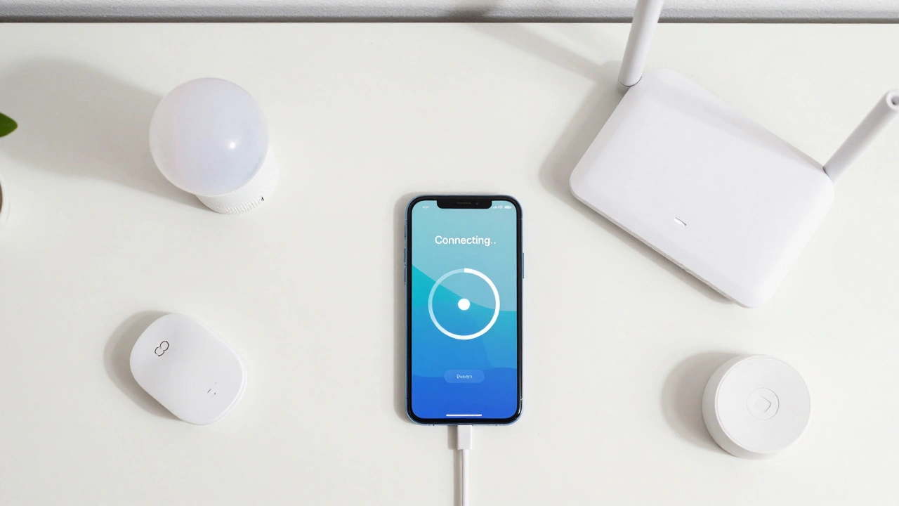 Smartphone and router on desk during smart home device setup