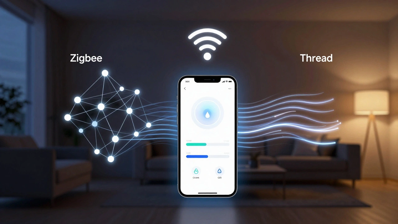 Smartphone controlling smart lighting networks with Zigbee, Wi-Fi, and Thread protocols
