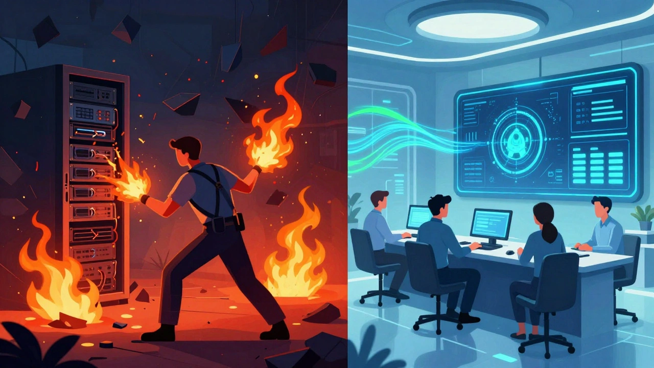 Split view contrasting chaotic reactive IT fixes with calm proactive monitoring