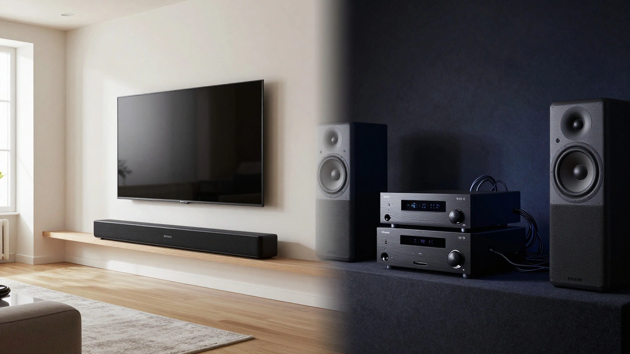Split view showing Sonos soundbar in a bright room and Denon system in a cinema