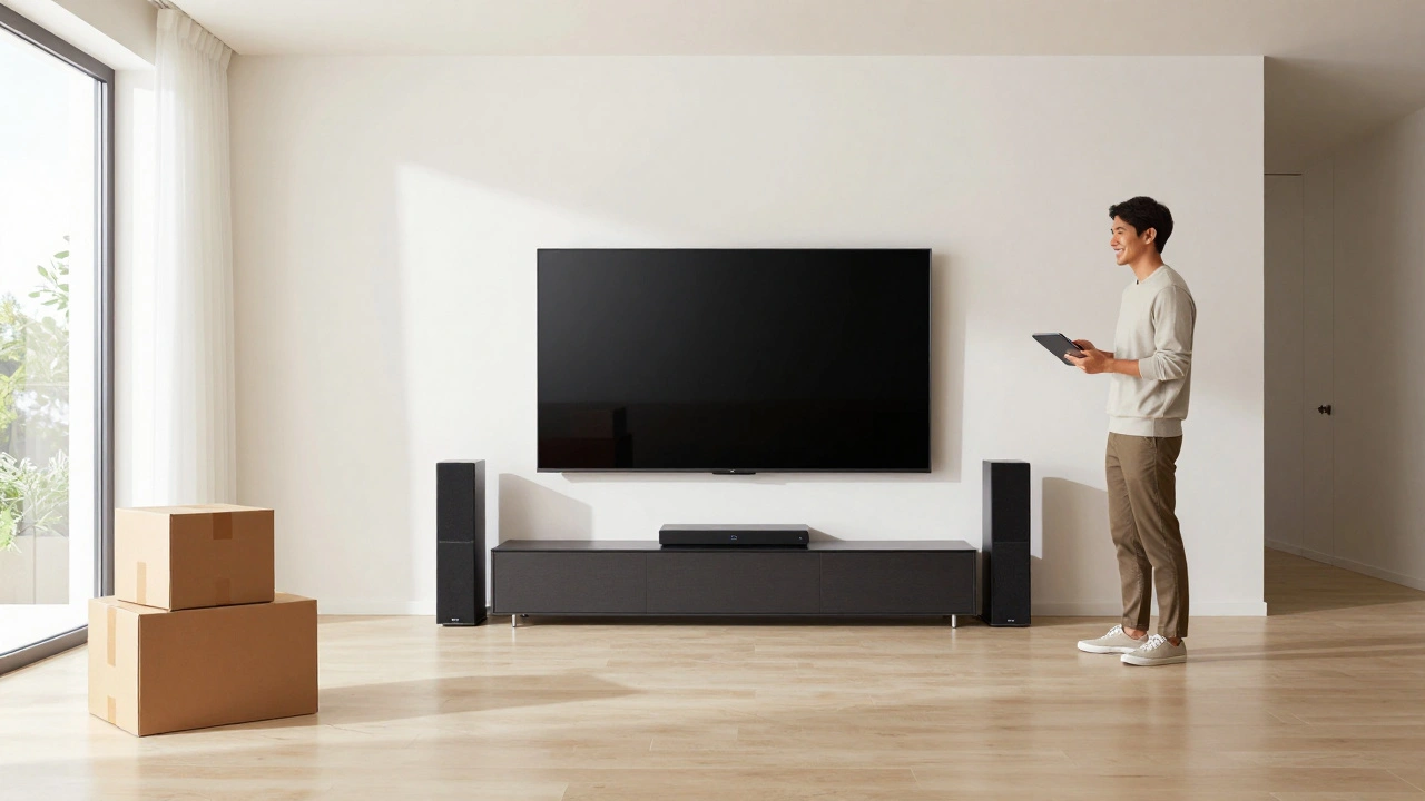 Spotless living room with installed TV and happy homeowner.