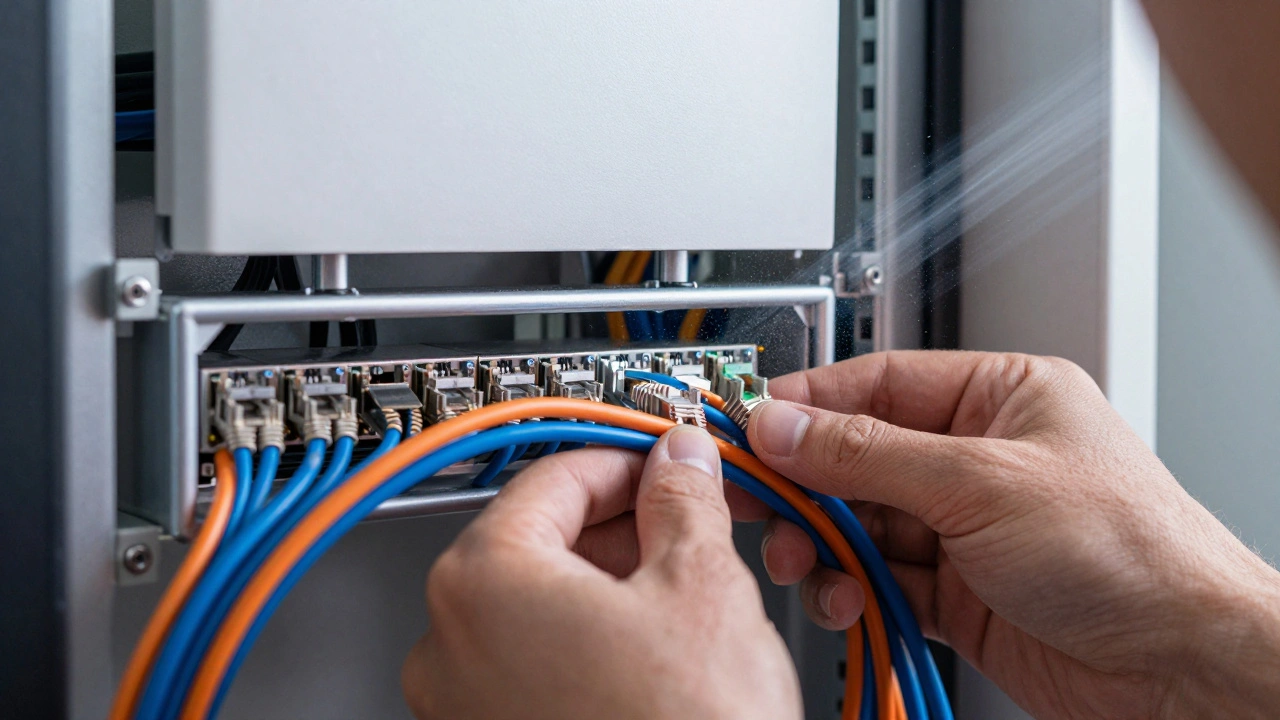 Close-up of technician installing Ethernet cables and network hardware